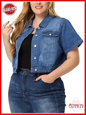 Plus Size Denim Jacket Short Sleeve Cropped Jean Jacket Button Down